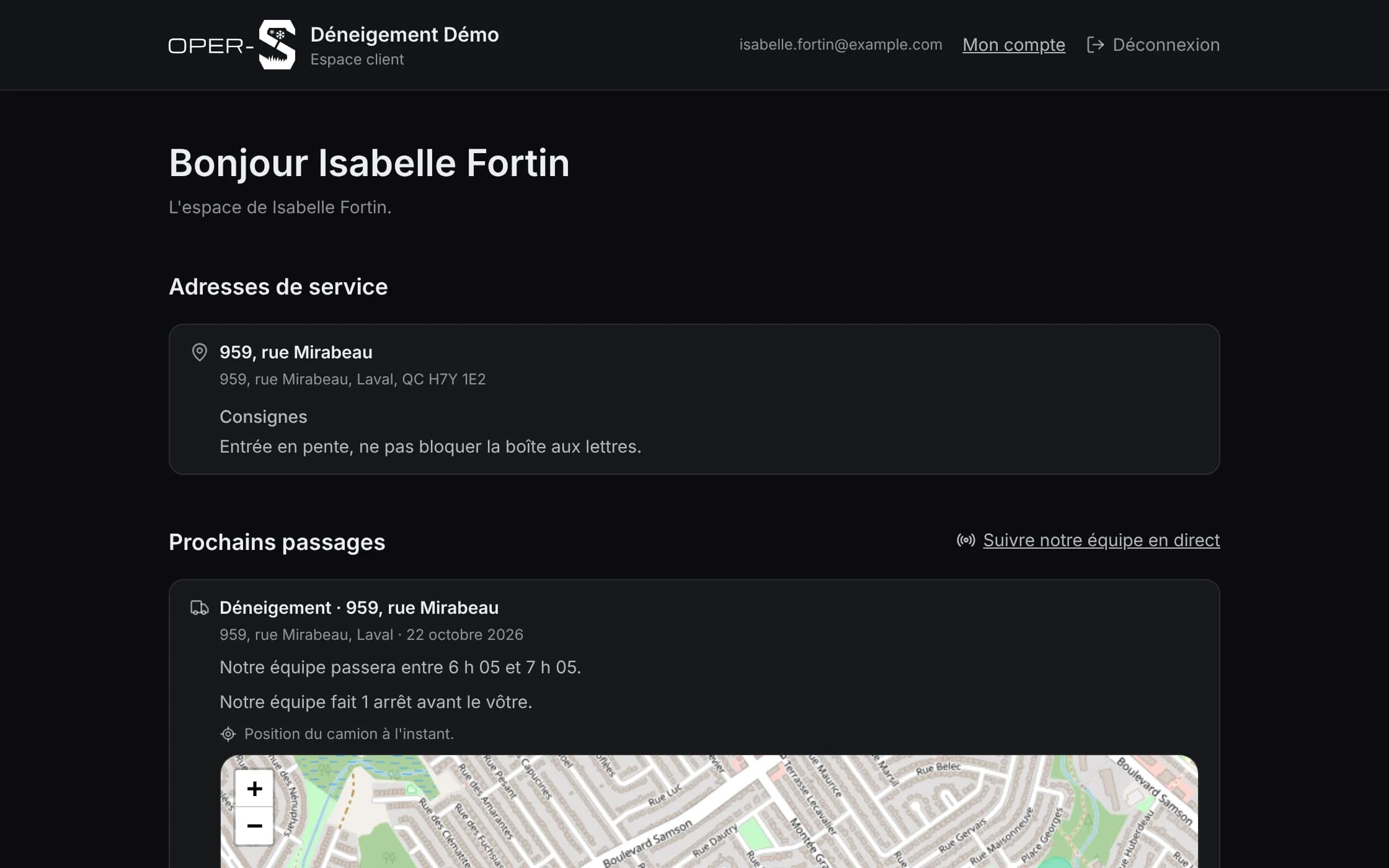 L'espace d'un client dans le portail d'OperS : son adresse de service et ses consignes, puis ses prochains passages, avec « Suivre notre équipe en direct ».