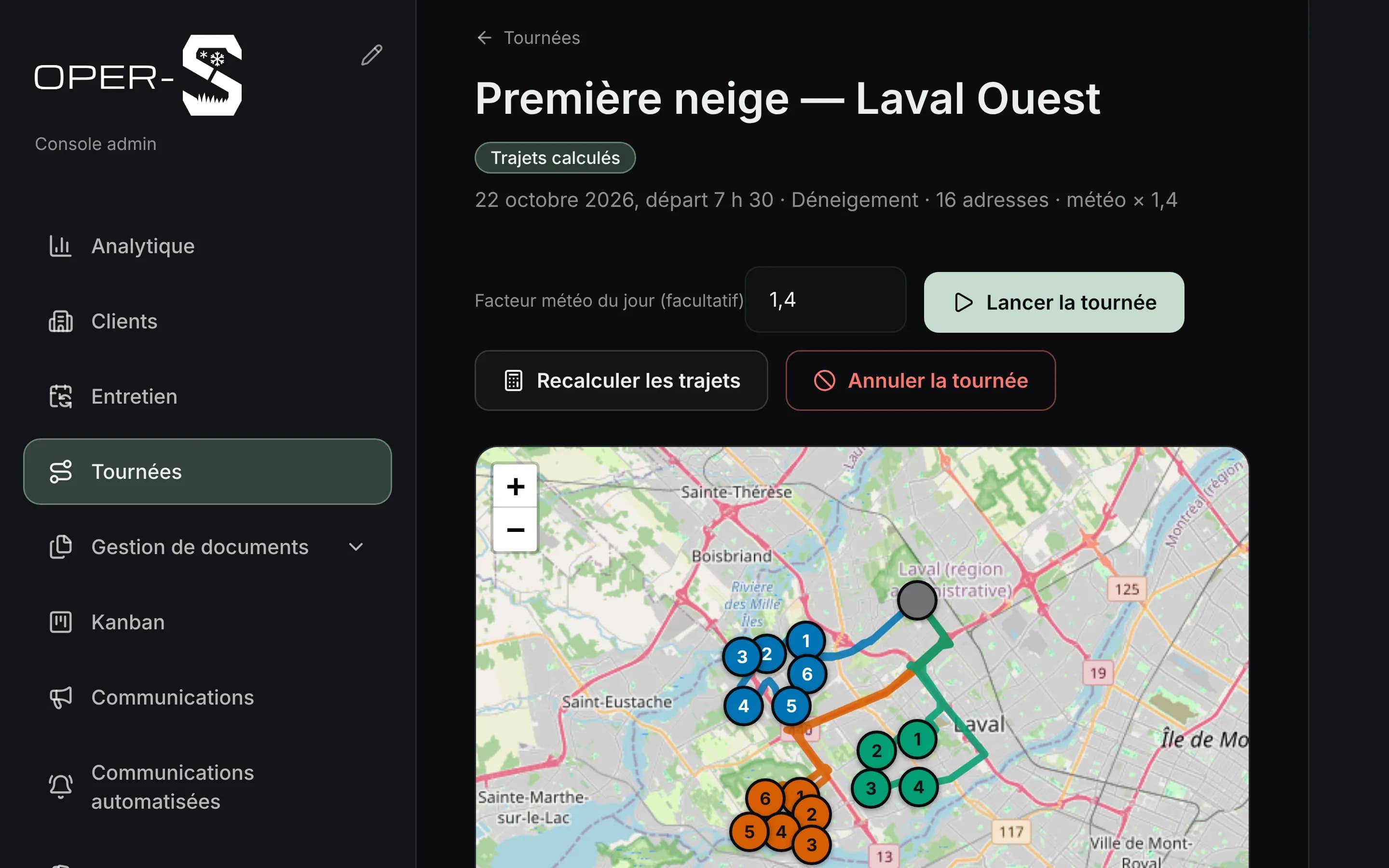 Une ronde prête à partir dans OperS : le facteur météo du jour, le bouton « Lancer la tournée » et la carte des trajets calculés de ses trois équipes.