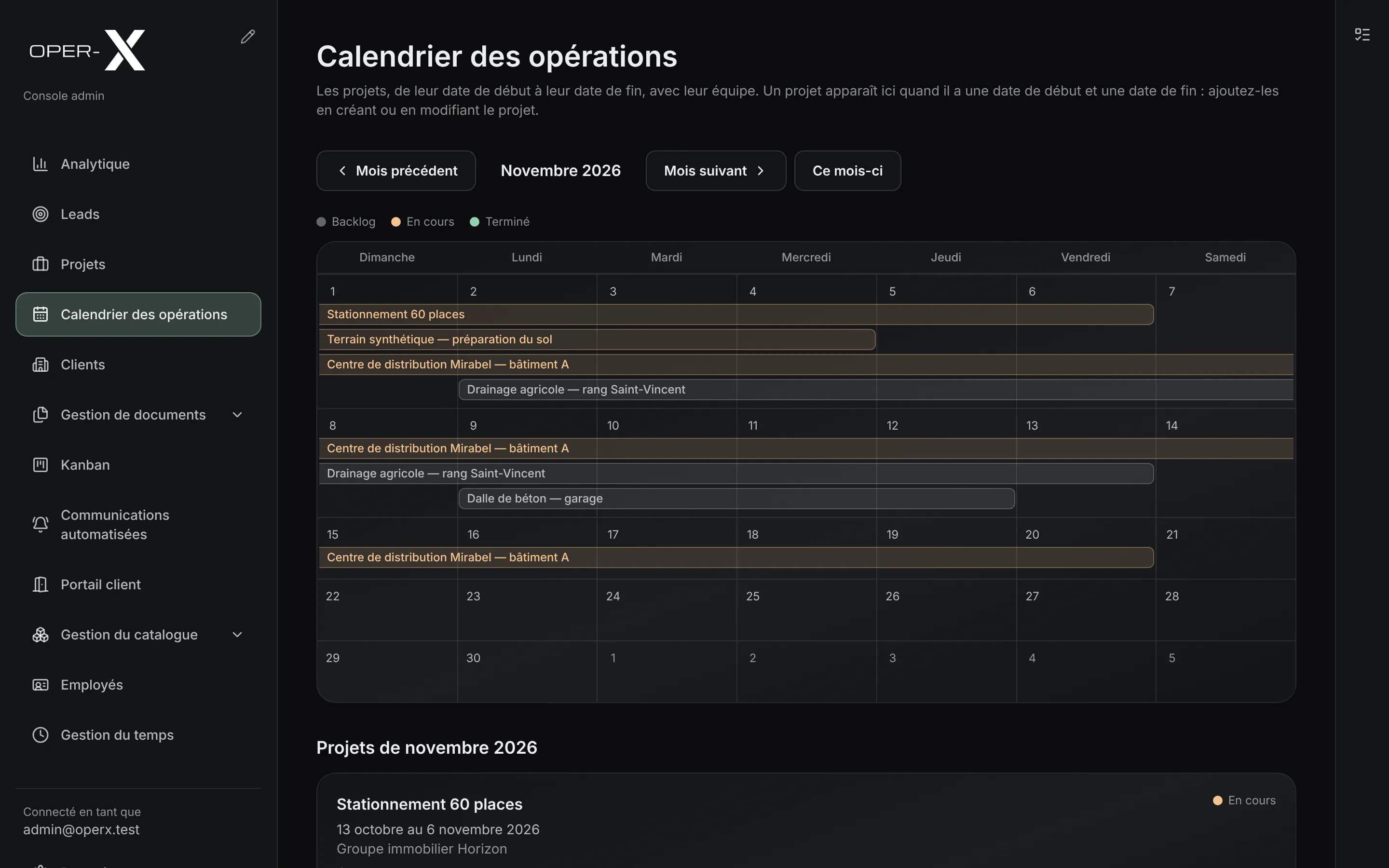 Le calendrier des opérations d'OperX en novembre : chaque chantier, de sa date de début à sa date de fin.