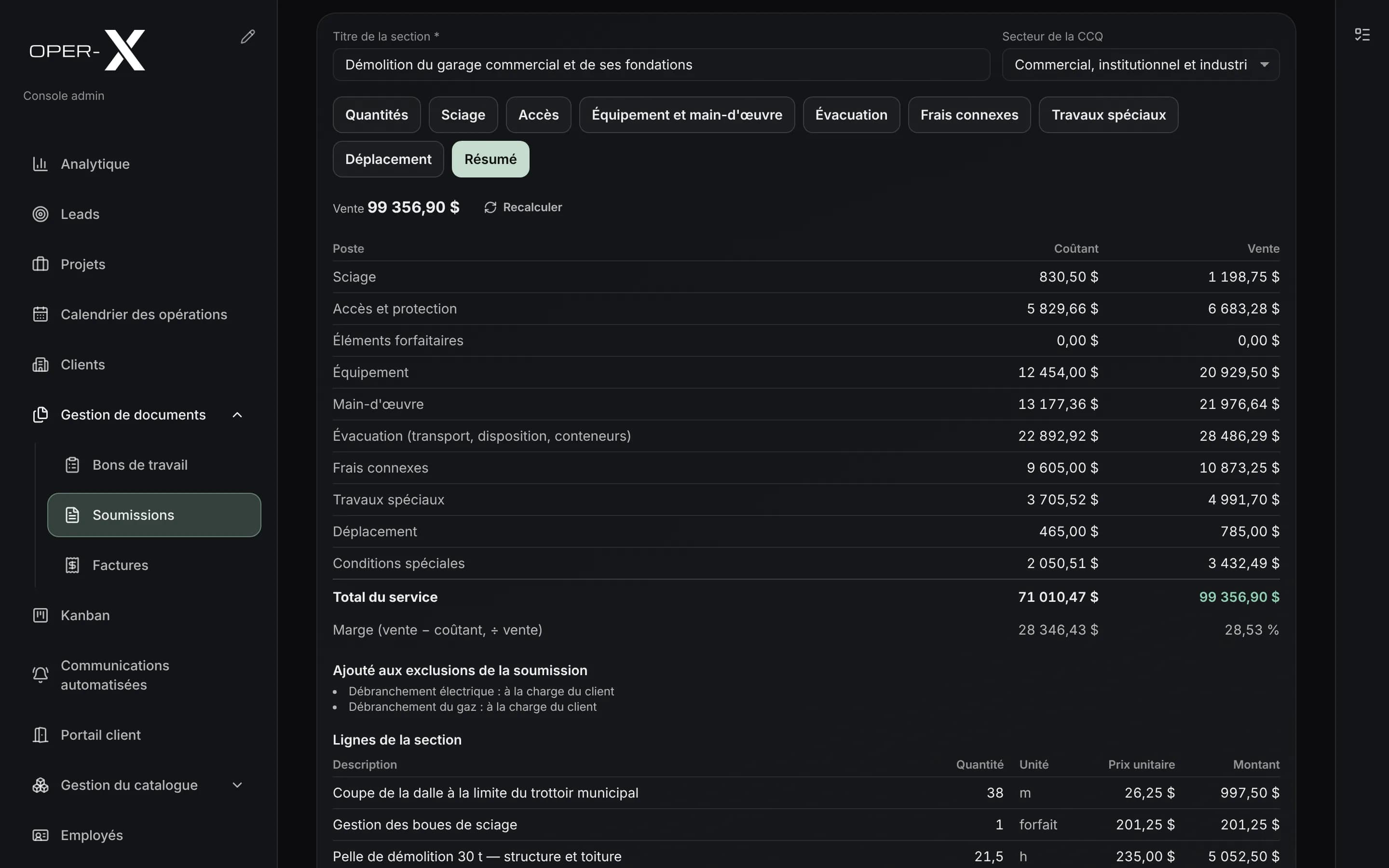 Le résumé d'un service de démolition dans OperX : le coûtant et la vente du sciage, de l'accès, de l'équipement, de la main-d'œuvre, de l'évacuation et des frais connexes, puis le total et la marge.