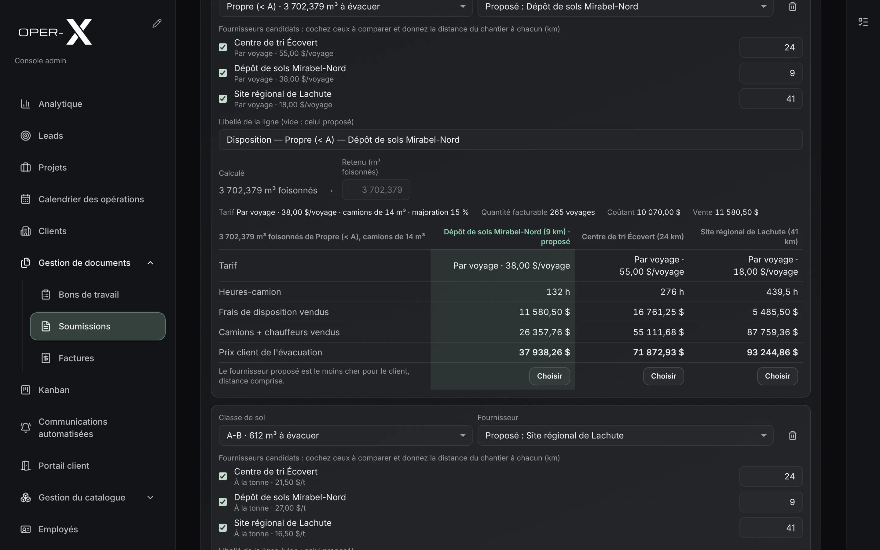 La comparaison des sites de disposition dans l'estimateur d'excavation : pour 3 702 m³ foisonnés, le prix client de l'évacuation est de 37 938,26 $ au site proposé, 71 872,93 $ et 93 244,86 $ aux deux autres.