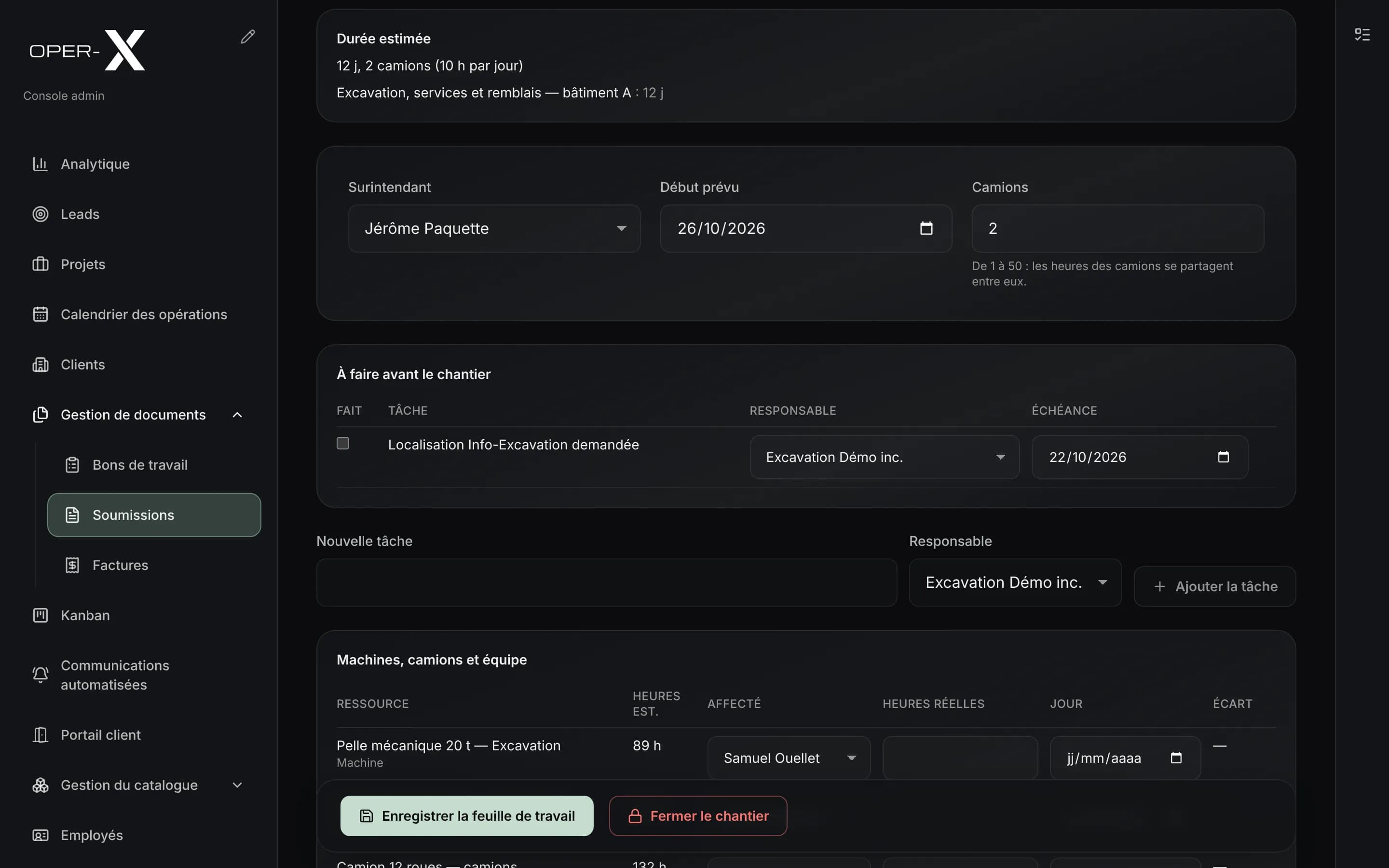 La feuille de travail d'une soumission dans OperX : 12 jours et 2 camions estimés, le surintendant et la tâche « Localisation Info-Excavation demandée ».