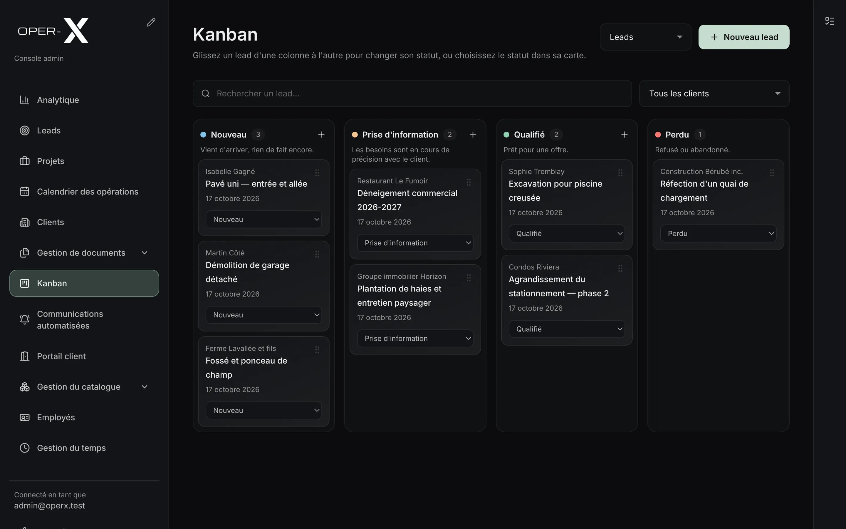 Le tableau des leads d'OperX, en colonnes de « Nouveau » à « Perdu », avec une carte par demande.