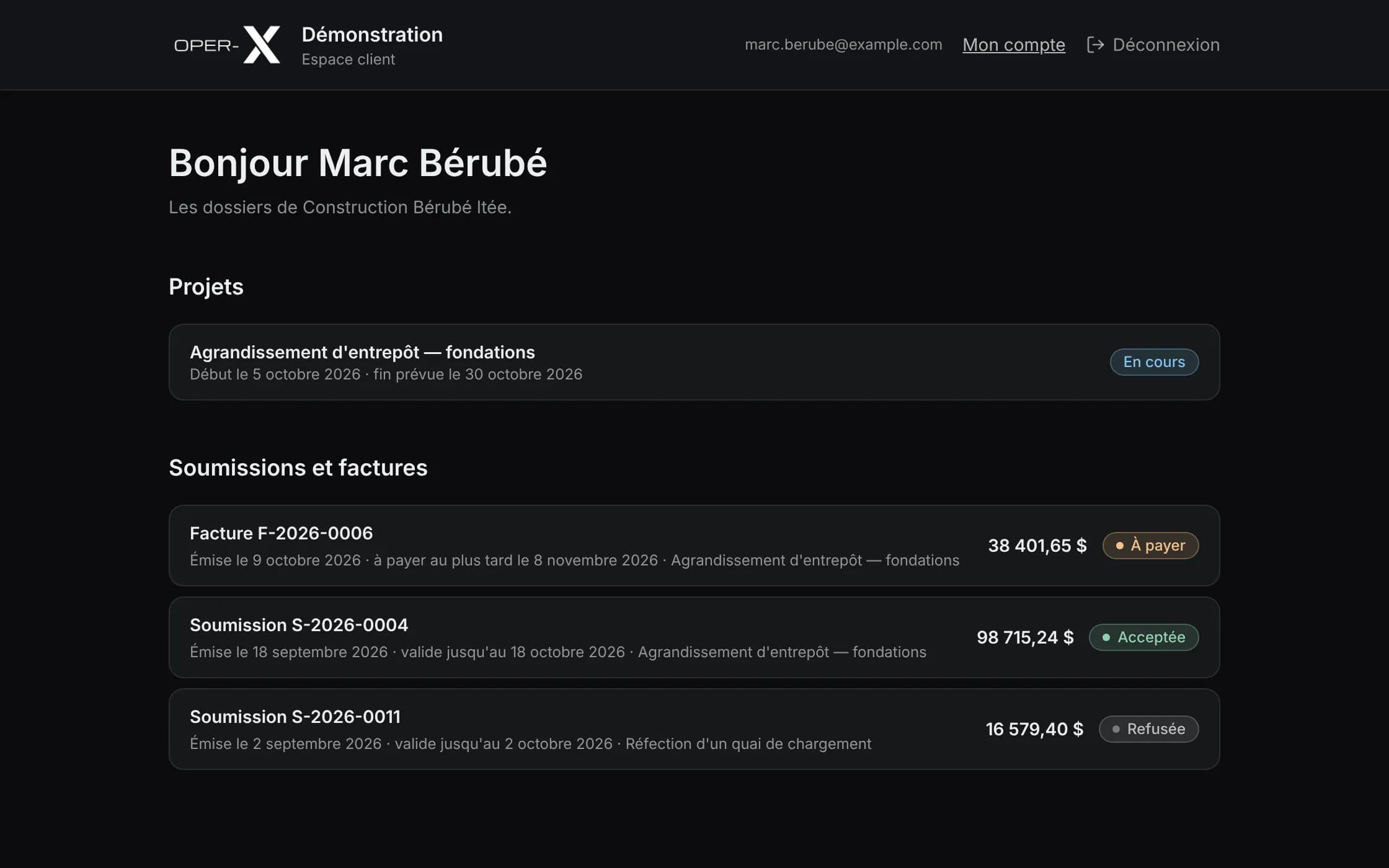 L'espace d'un client dans le portail d'OperX : son projet en cours, une facture à payer et deux soumissions.