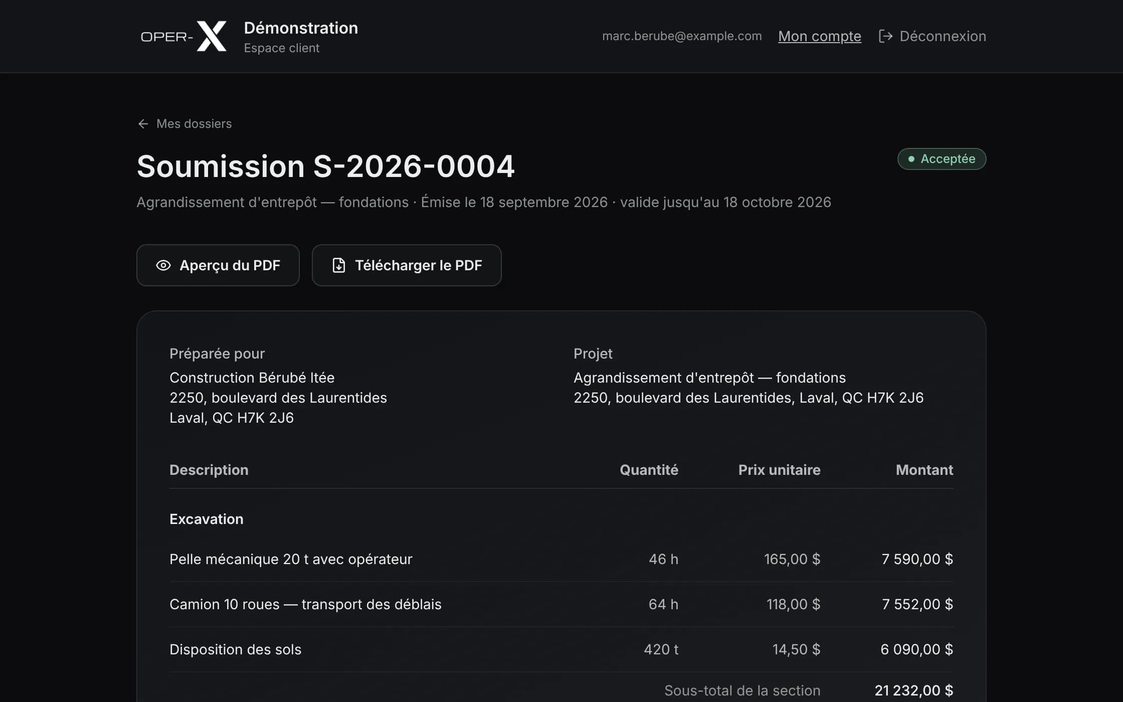 Une soumission dans le portail client d'OperX : ses sections, ses lignes, ses montants, et son PDF à télécharger.