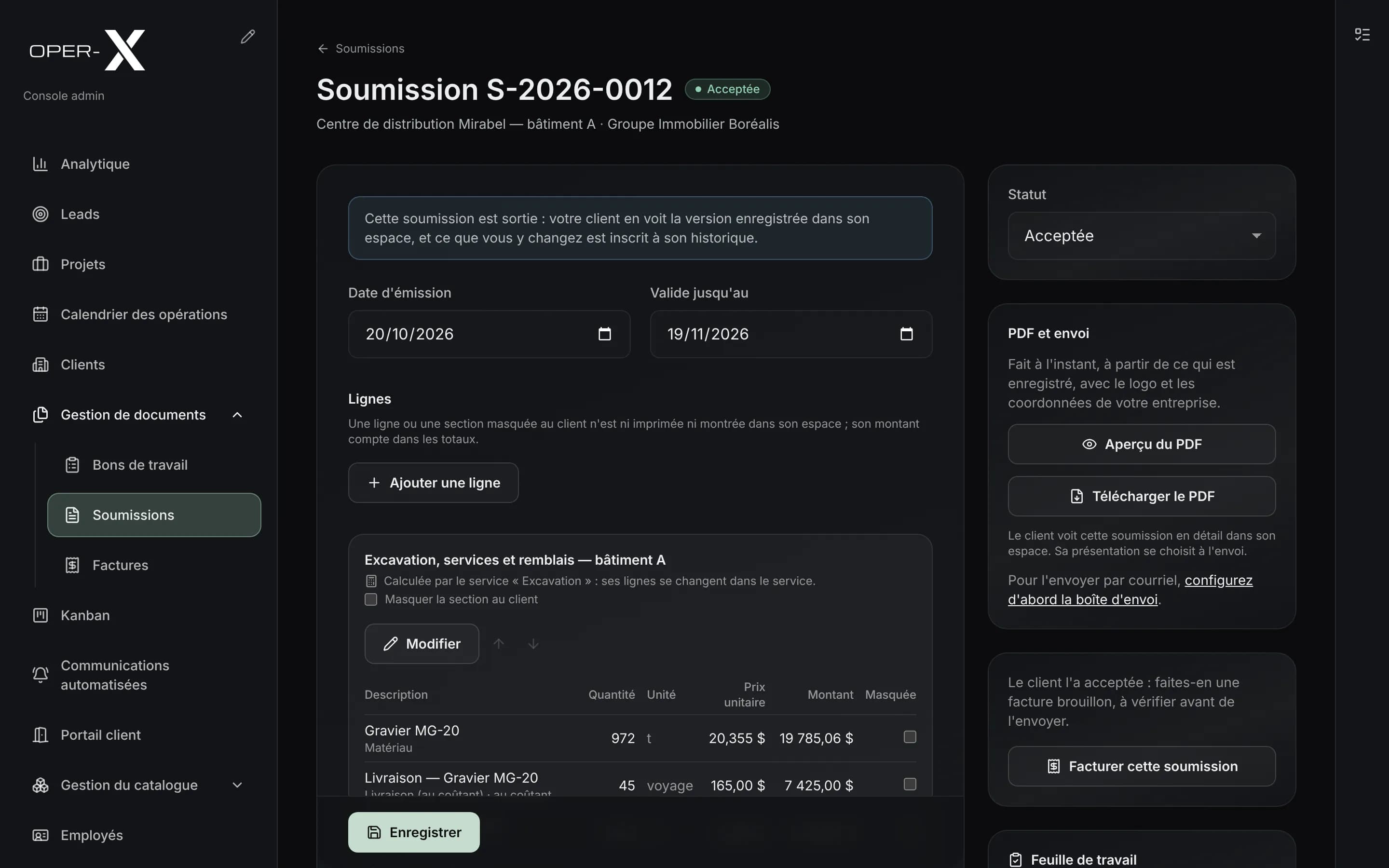 Une soumission acceptée dans OperX, avec sa section « Excavation, services et remblais » calculée par le module Excavation.